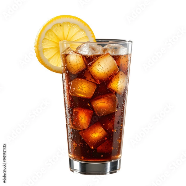 Fototapeta A glass of iced cola with visible ice cubes, condensation on glass, and lemon slice, isolated on white background.