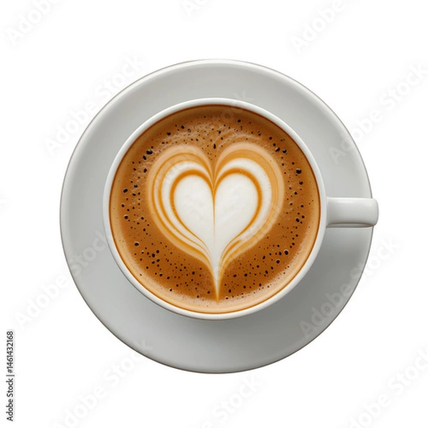 Obraz A cappuccino with heart-shaped latte art, ceramic cup and saucer, isolated on white background.