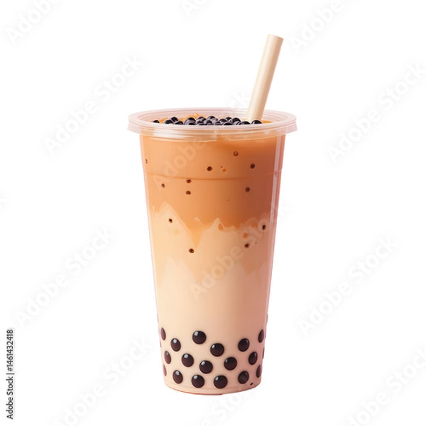 Obraz A bubble tea (boba) drink with black tapioca pearls, wide straw, and gradient milk tea layers, isolated on white background.