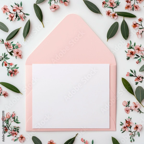 Fototapeta beautiful pink envelope surrounded by delicate flowers and green leaves, perfect for sending heartfelt messages, independence, day, 4th, of, july