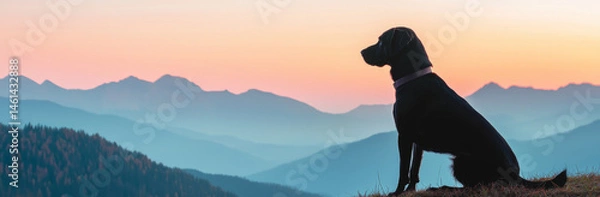 Fototapeta black dog sits on hilltop, gazing at stunning sunset over mountains, creating serene and peaceful atmosphere