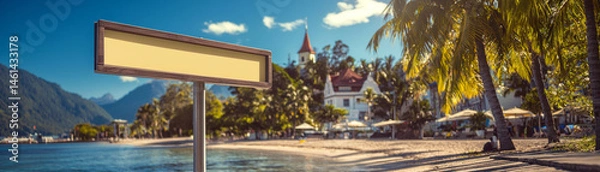 Fototapeta beautiful beach scene featuring blank signpost, palm trees, and picturesque building in background. serene atmosphere evokes sense of relaxation and tranquility