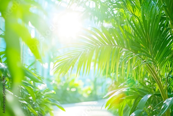 Fototapeta Sunlight filtering through vibrant green tropical leaves in lush garden