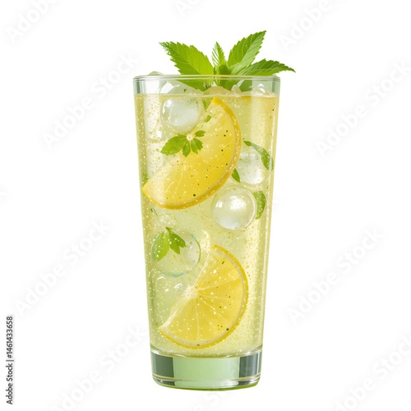 Obraz A sparkling lemonade with visible carbonation bubbles, lemon wedge, and mint, isolated on white background.