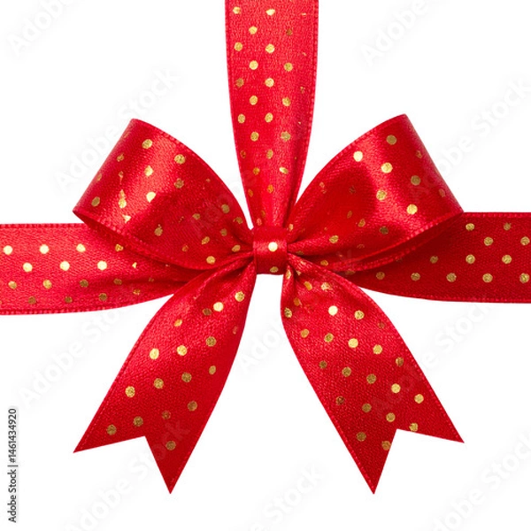 Fototapeta vibrant red ribbon with golden polka dots, elegantly tied into bow, perfect for gift wrapping and festive decorations, adding cheerful touch to any occasion