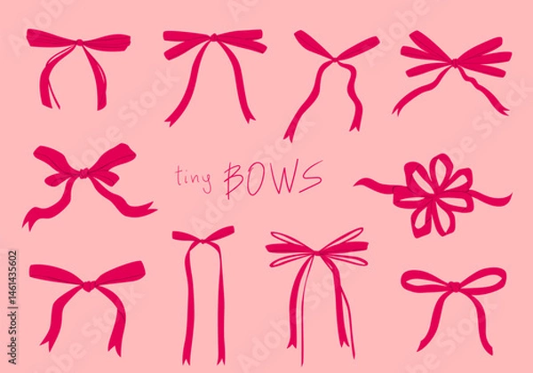 Fototapeta Tiny satin ribbon bows collection. Delicate hand drawn decorations. Vector flat cartoon illustration isolated objects.