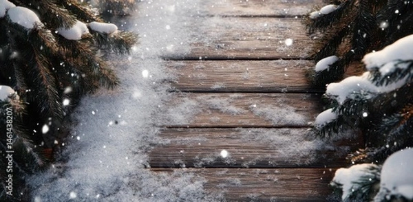 Fototapeta Winter Scene, Wooden path and snow covered tree branches with snowfall.