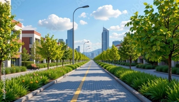 Fototapeta Bright Daytime Cityscape Tree Lined Pathway Leads to Modern Buildings