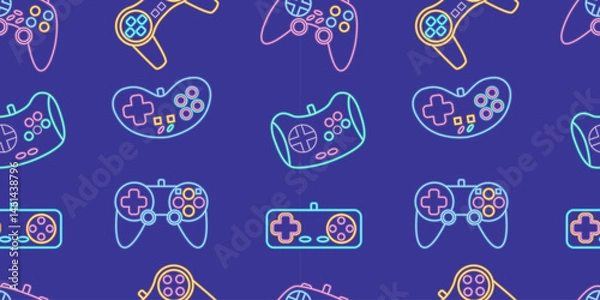 Fototapeta Vector neon glow game controller gamepad seamless pattern. Colored outline joystick element flat style on night dark background. Gamer device background
