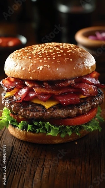 Fototapeta Deliciously prepared hamburger with bacon and cheese.