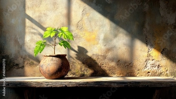 Fototapeta Vintage stand with a flourishing plant in a rustic pot, contributing a natural touch and character.