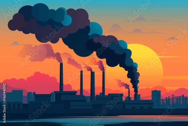 Fototapeta Smoking factory against the backdrop of the city. Plant with smoking chimneys against the backdrop of sunset. Enterprise buildings pollute the environment. Industry and environmental protection concep