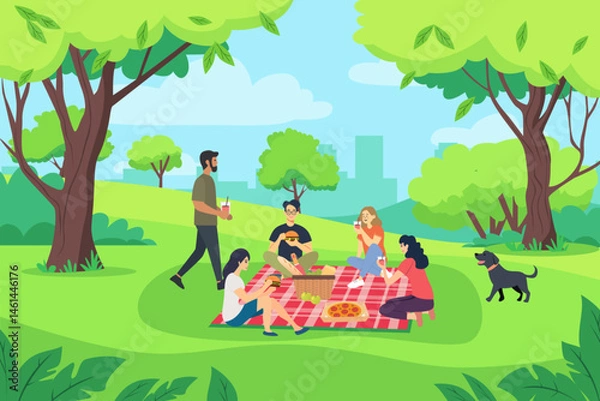 Fototapeta Picnic in the city park, vector illustration. Friends with a dog on a picnic in the park. Men and women relax on a picnic in the city park against the backdrop of metropolis buildings.