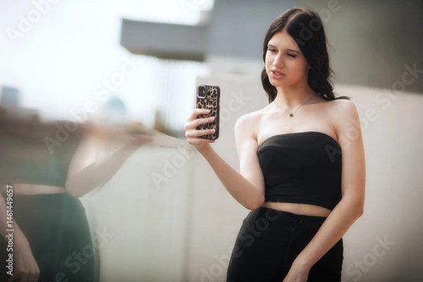 Obraz A fashionable young girl poses for a selfie against a stylish urban backdrop, showcasing her modern outfit
