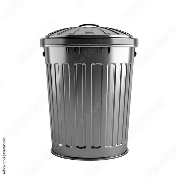Fototapeta Classic metal trash can with a lid and vertical ridges, commonly used for waste disposal.