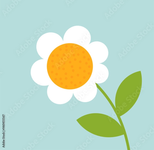Fototapeta Cute white flower over blue sky background. Simple flower flat design element. Vector illustration.