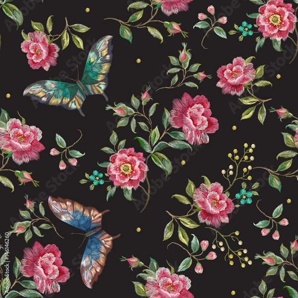 Obraz Embroidery trend floral seamless pattern with roses and exotic butterflies. Vector traditional folk flowers decor on black background for clothing design.