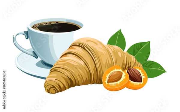 Fototapeta Breakfast Vector Set – Croissant with Coffee and Apricot in Illustration