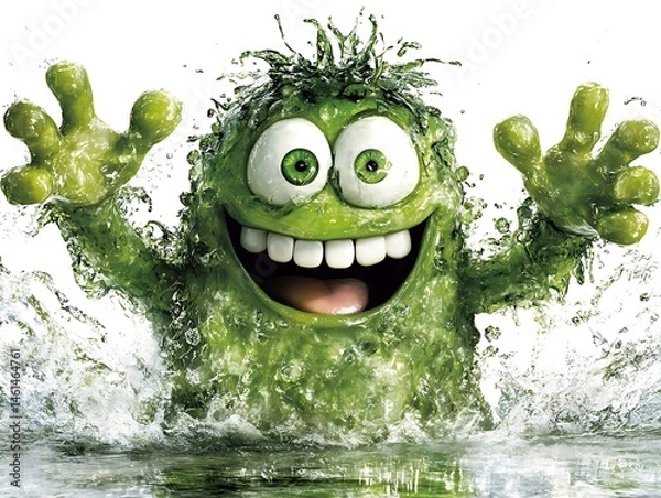 Fototapeta Playful, green creature immersed in splashing water.
