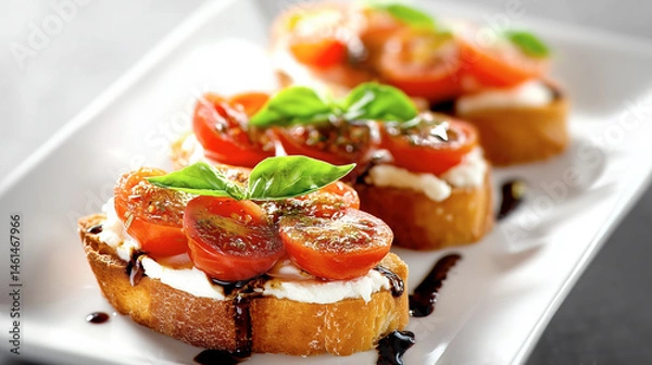 Obraz Bruschetta topped with cherry tomatoes, stracciatella and basil, drizzled with balsamic vinegar, served on a ceramic plate