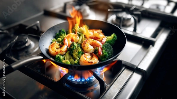 Obraz Shrimp and broccoli flambé in a non-stick pan over the high heat of a modern gas stove