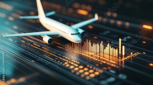 Obraz The world of aviation and financial market: A detailed digital rendering showcases a passenger aircraft soaring over a dynamic graph symbolizing financial trading in a high-tech digital world.