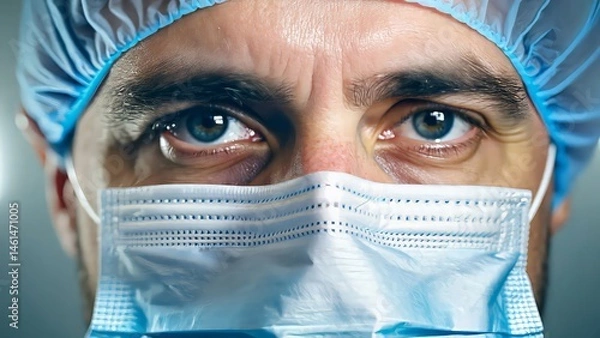 Obraz Close up capturing dedicated healthcare professional wearing protective equipment, eyes reflecting unwavering commitment during challenging medical environment