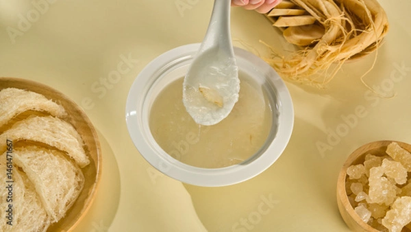 Fototapeta Distilled bird's nest placed in porcelain bowl. A spoon is scooping bird's nest and ginger pieces out of the bowl. Cleanly processed yellow ginseng roots, sugar cubes are placed in a wooden bowl.