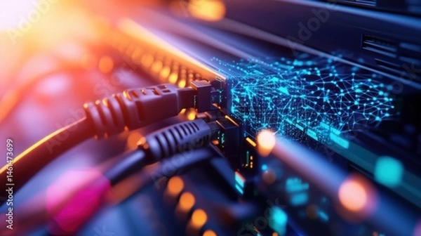 Obraz Close up of network cables connected to a server with a glowing digital brain visualization representing data processing and connectivity.