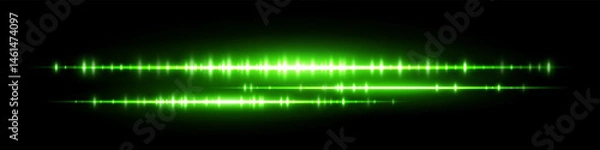 Obraz Glowing green soundwave with dual waveform lines and intense light peaks on black background. Suitable for audio visualization, podcast player, music track or signal analysis design.