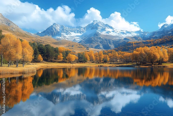 Fototapeta Autumn Mountain Lake Reflection: Tranquil Landscape for Nature-Themed Print and Poster Design