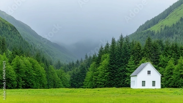 Obraz Serene White House Nestled Among Lush Green Forest and Misty Mountains on a Cloudy Day