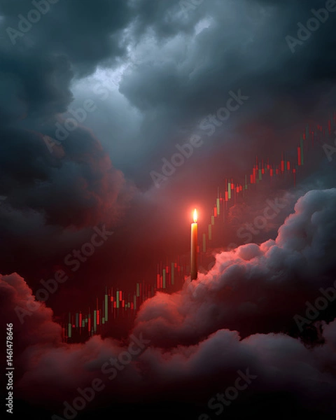 Fototapeta Glowing red candlestick chart dropping steeply into storm clouds representing financial crash and extreme market volatility
