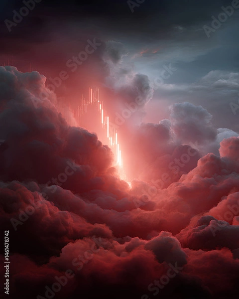 Fototapeta Glowing red candlestick chart dropping steeply into storm clouds representing financial crash and extreme market volatility

