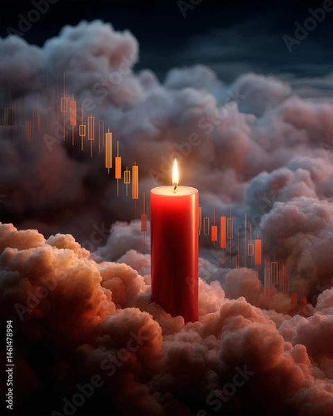 Fototapeta Glowing red candlestick chart dropping steeply into storm clouds representing financial crash and extreme market volatility
