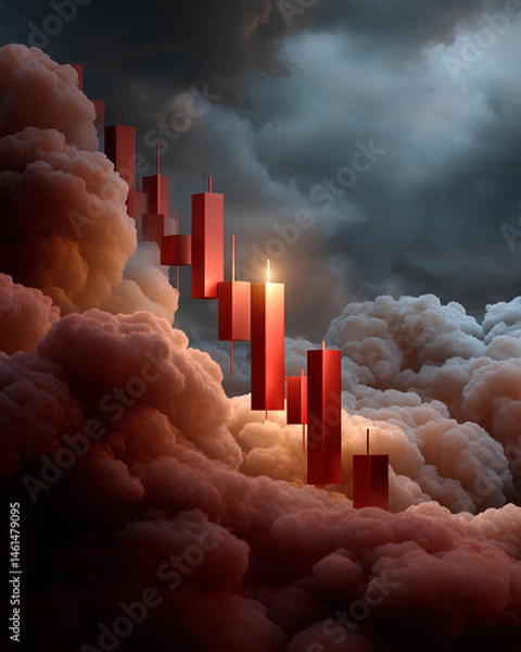 Fototapeta Glowing red candlestick chart dropping steeply into storm clouds representing financial crash and extreme market volatility
