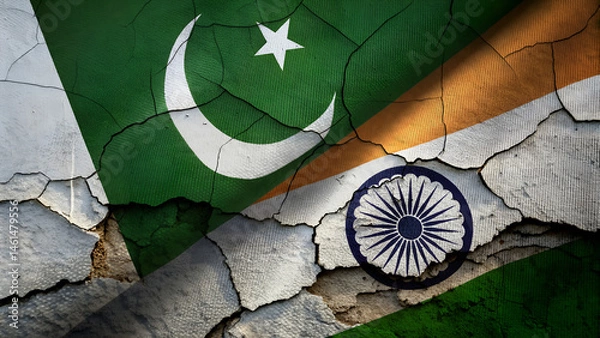 Fototapeta Concept of a Conflict between India and Pakistan with painted flags on a wall with a crack