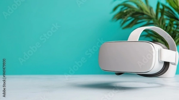 Obraz Sleek Virtual Reality Headset Floating Above Light Surface with Vibrant Turquoise Background