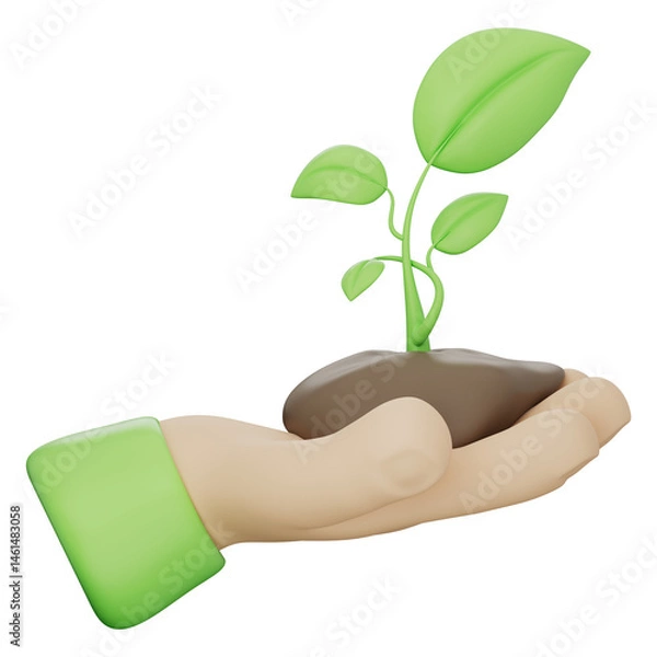 Fototapeta 3d icon of hands holding green sprout in soil, representing sustainability, clean energy, and eco friendly concepts. Great for environmental projects on transparent background, 3d illustration