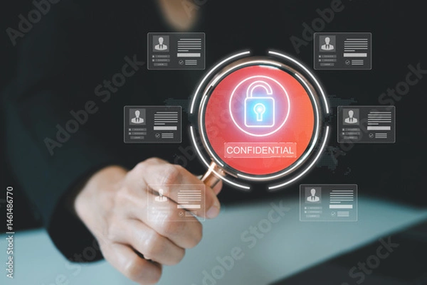 Obraz Employee confidentiality concept. Person use laptop with virtual padlock icon with confidential word to access documents data and cyber security for managing corporate files and employee information.