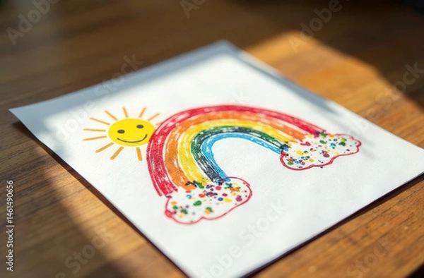 Fototapeta A white paper with a child’s doodle of a rainbow and smiling sun, drawn with colorful crayons.
