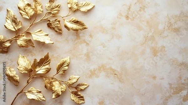Fototapeta Gold leaves on beige textured background