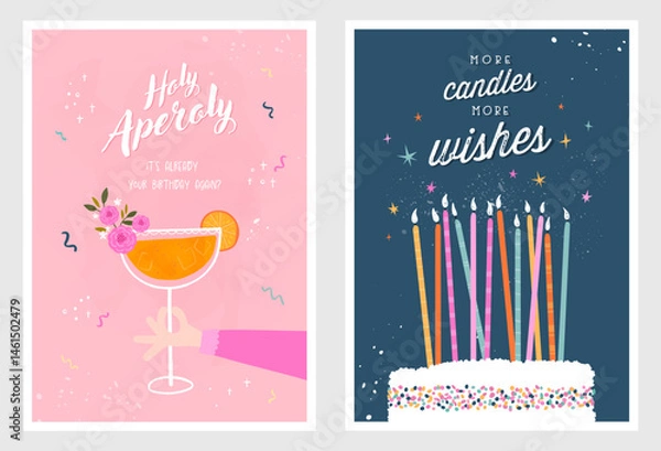 Obraz Set of birthday postcards with  confetti, cocktail, cake and hand writing. Invitations, happy birthday. Vector templates great for card, poster, flyer or banner
