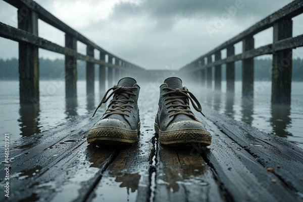 Obraz Rainy Day Solitude: A pair of worn sneakers sits on a weathered wooden pier, capturing a sense of introspection against a misty, overcast sky. 