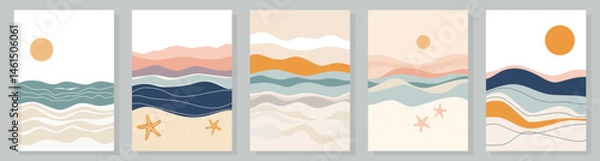 Obraz Set of beach landscapes. Abstract beach seascapes for design. Beach, sea, sun, sand, starfish and clouds. Vector illustration for background, poster, banner and design. Sea postcards.