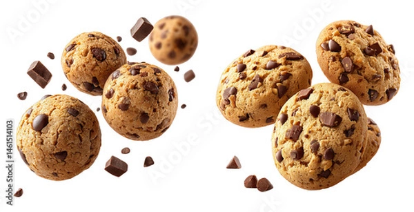 Fototapeta Chocolate chip cookie balls and cookies with chocolate chunks floating on transparency background