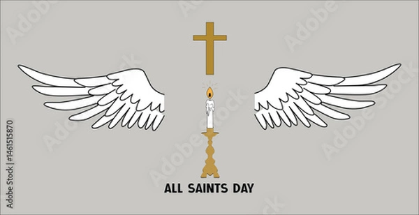Obraz All Saints Day Angel Wings with Candle and Cross Minimalist Illustration