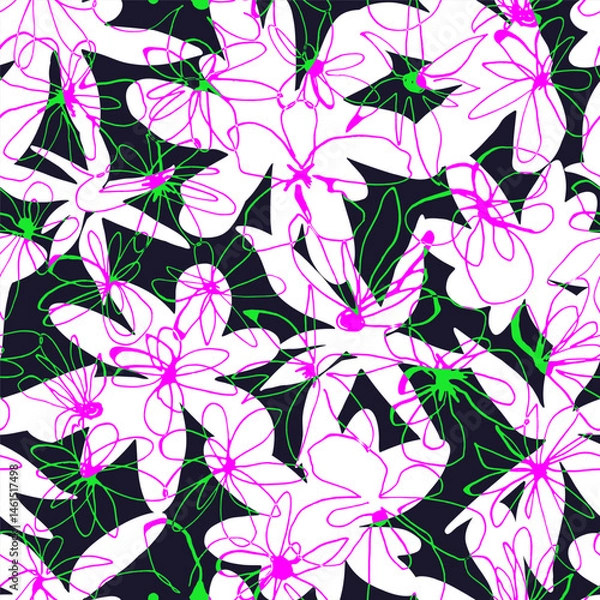 Obraz Hand drawn graphic abstract flowers. Scribble. Seamless textile pattern. Vector.