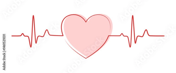 Fototapeta Red line normal sinus rhythm heart graph with pink heart. Vector Medical Illustration