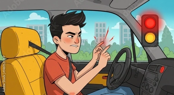Obraz Frustrated Driver at Red Light: A Cartoon Illustration